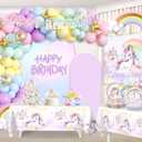 289 Pcs Unicorn Birthday Decorations, Worry-Free One-Stop Set Serves 25 Guests, with Laser Banner, Backdrop, Thick Plates and Cake Stand, Easy Setup for Unicorn Party Decorations