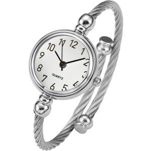 Top Plaza Womens Fashion Silver Tone Analog Quartz Bangle Cuff Bracelet Wrist Watch, Unique Elegant Stainless Steel Wire Band, Arabic Numerals  White