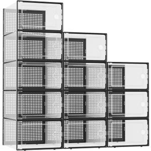 Kuject XX-Large Shoe Storage Boxes Organizers Clear Plastic Stackable 12 Pack, Shoe Rack & Holder Substitute, Sneaker Containers, Shoe Storage Organizer Bins for Closet, Under Bed, Black(No Fold Line)