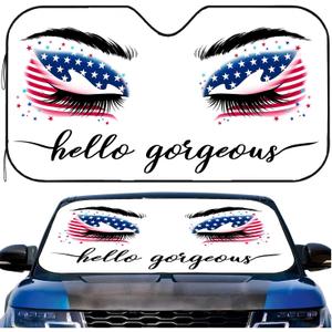 Sun Shade for Car Windshield, American Flag Fun Eyes Car Window Sunshade for Truck Patriotic UV Rays Protect Sun Visor Cover Foldable Heat Block Sun Shield Keeps Vehicle Cool (55x30 inches, USA American Flag Gorgeous White)