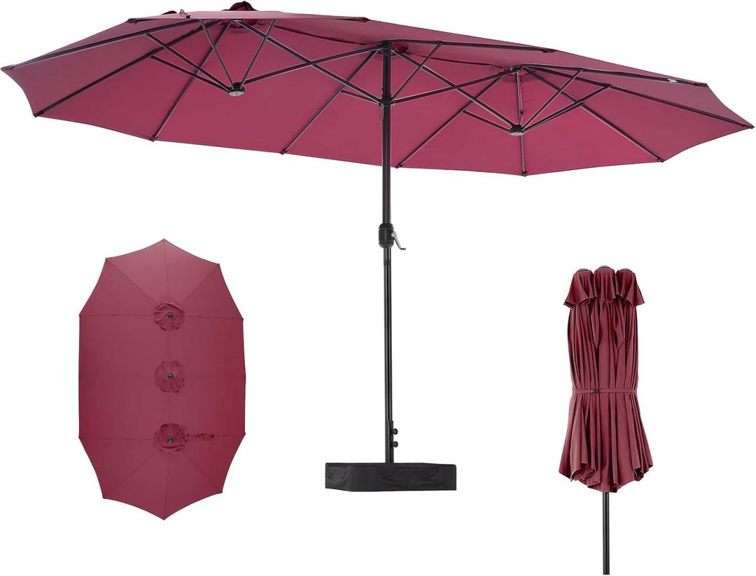 DUMOS 15FT Large Patio Umbrella with Base Included, Heavy Duty Extra Wide Outside Umbrella with 12 Ribbed Bars, Rectangle Outdoor Table Umbrella for Patio, Backyard, Pool, Deck & Garden, Red