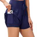 difficort Womens Board Shorts with Compression Liner High Waisted Swim Beach Swimming Shorts with Waist Zipper Pockets (Blue, L)
