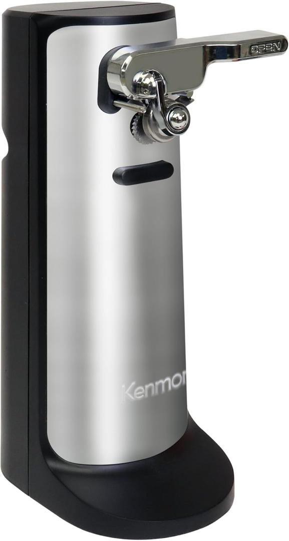 Kenmore 3 in 1 Electric Can Opener Hands Free One Touch Built In Knife Sharpener Bottle Opener Auto Shut Off Easy Clean Cord Storage Silver Stainless Steel