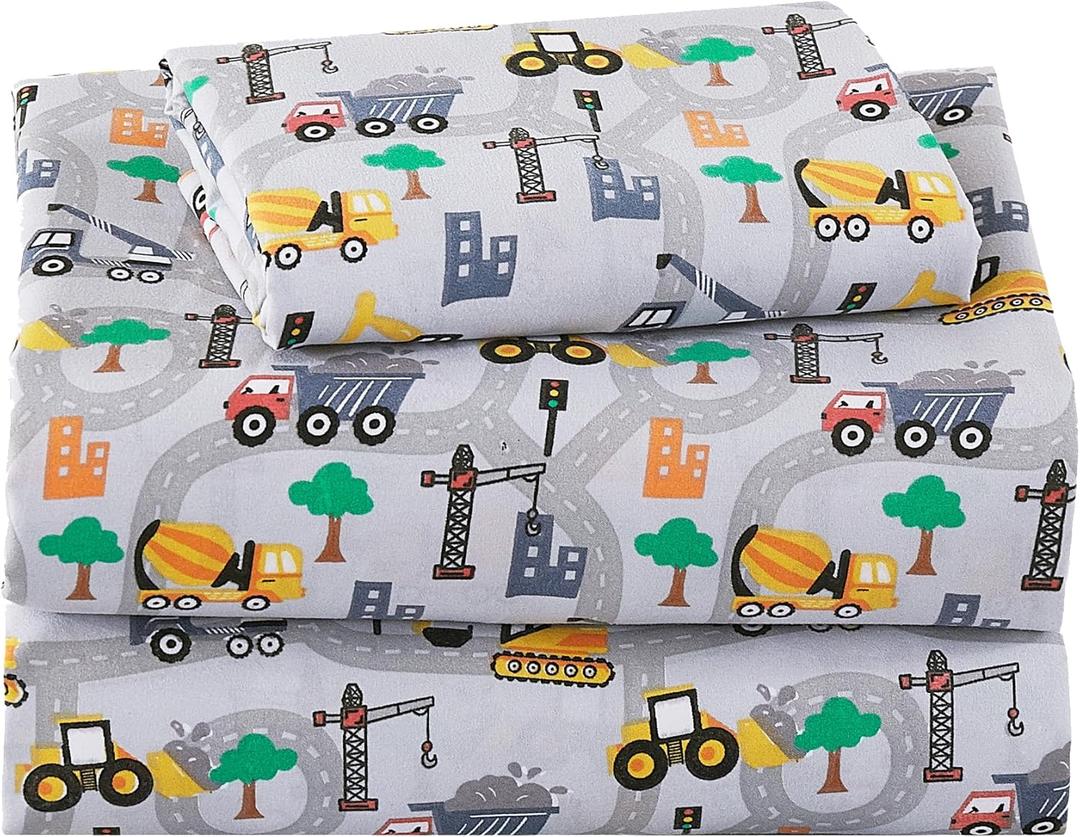 Softan Kids Bed Sheet Set, 3-Piece Twin Sheets Set, Microfiber Fitted Sheet with 15 Inches Deep Pocket and Corner Straps, Breathable & Silky Soft Excavator Pattern Sheet and Pillowcase Sets