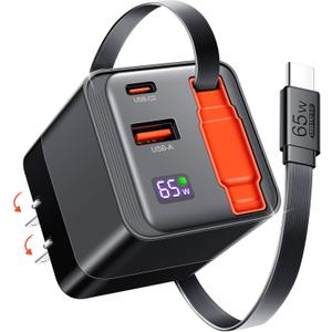 65W Retractable USB C Charger Block, PD PPS Fast Charging Wall Charger with Retractable Type-C Cable and Dual Port, Portable GaN3 with Foldable Plug for MacBook, iPhone 16, iPad, Galaxy, Pixel