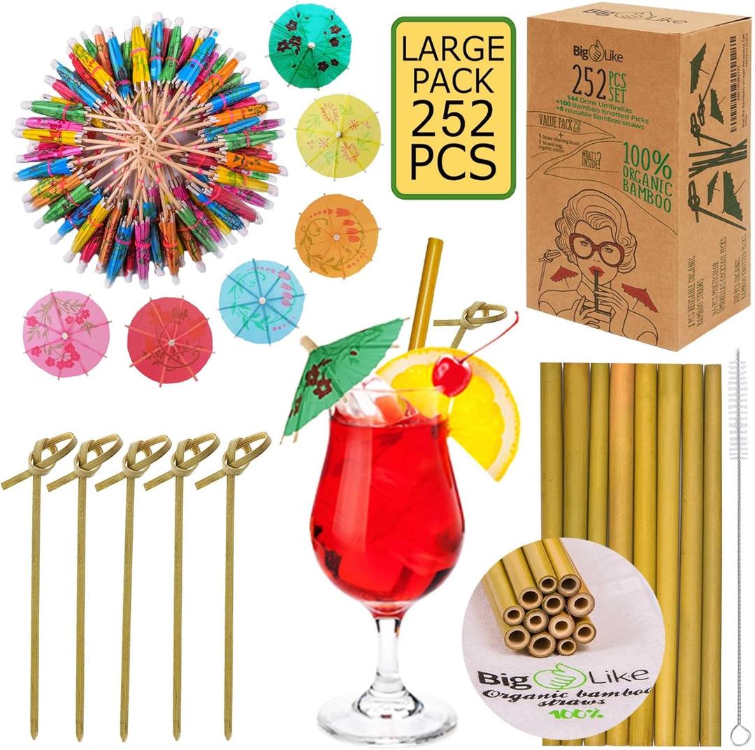252 Pcs Cocktail Accessories for Drinks -144 Drink Umbrellas, 100 Bamboo Knot Picks 6", 8 Organic Bamboo Straws - Cocktail Umbrellas for Drinks, Appetizer Toothpicks, Tiki Cocktail Picks