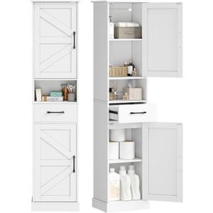 AURINEST 67" H Tall Bathroom Storage Cabinet with Drawer & 2 Barn Door, 15.7" W Narrow Tall Storage Cabinet with Adjustable Shelves for Bathroom, Living Room, Entryway, Kitchen, White