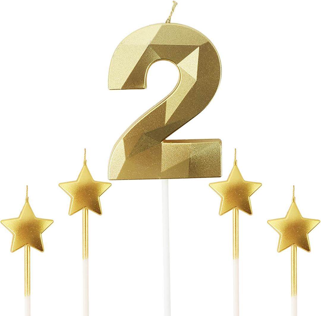 Golden Number 2 Birthday Candles and Star Birthday Candles 2.76 inch Birthday Cake Candles 3D Diamond Shaped Candles are Suitable for Birthday Parties and Anniversary Cake Decorations Candles(Gold 2)