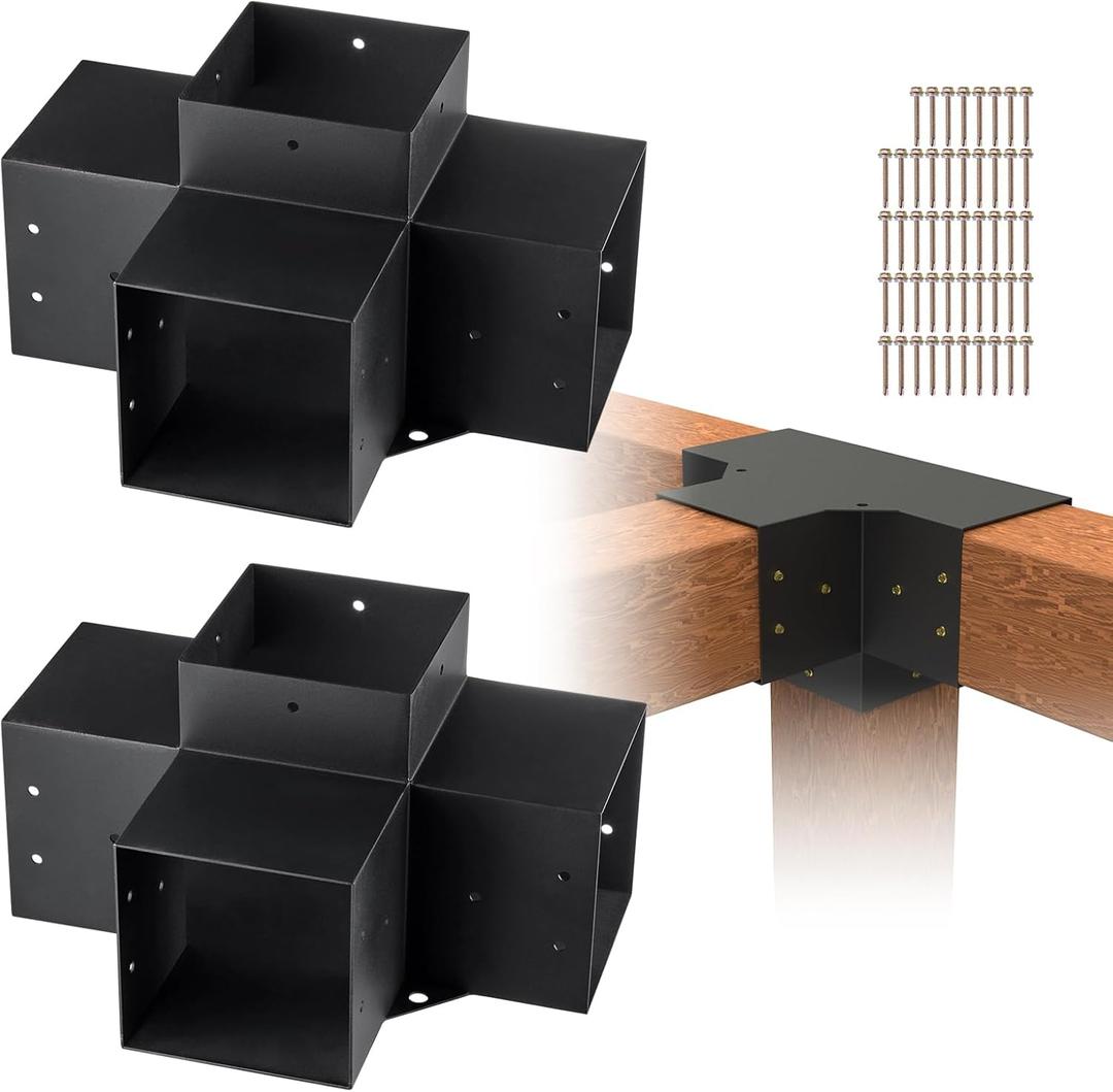 VEVOR Pergola Bracket Kit 6''x6'', 2pcs 4-Way Heavy Duty Corner Bracket Woodworks DIY Post Base Kit, Easy Installation Wooden Beams for Gazebos, Patio Pergolas, Log Cabin Outdoor Pergola Hardware