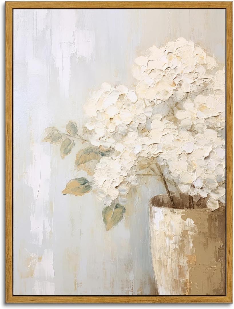 KBKBART Framed Wall Art Vintage, Farmhouse Decor White Hydrangeas Muted Vintage Floral Bathroom Canvas Painting, Flower Prints Canvas Wall Art for Bedroom, Living Room, Gallery, Vintage Wall Decor(12"x16")