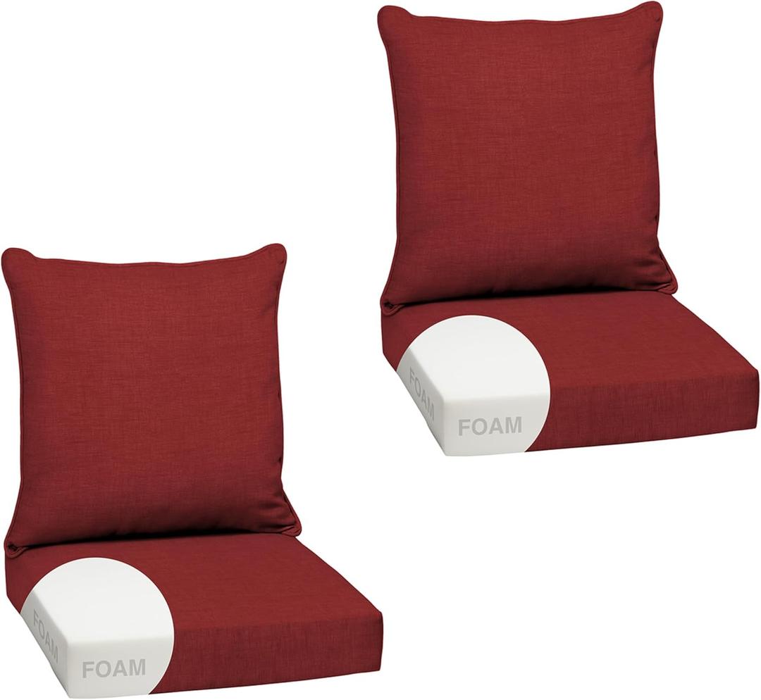 Arden Outdoor Foam Deep Seat Cushion Set, 2-Pack, 24x24, Premium High-Density Foam, Never Flattens, Weather-Proof for Patio Chair Sofa Couch, Ruby Red Leala