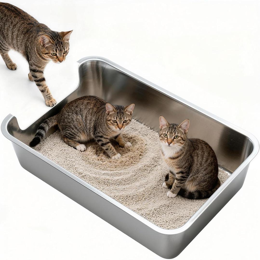 Low Entry Stainless Steel Cat Litter Box, Extra Large Open Top Litter Box with High Sides, Easy to Clean Non-Stick Metal Litter Pan for Kittens, Senior & Large Cats, 23.4"x15.6"x5.9"