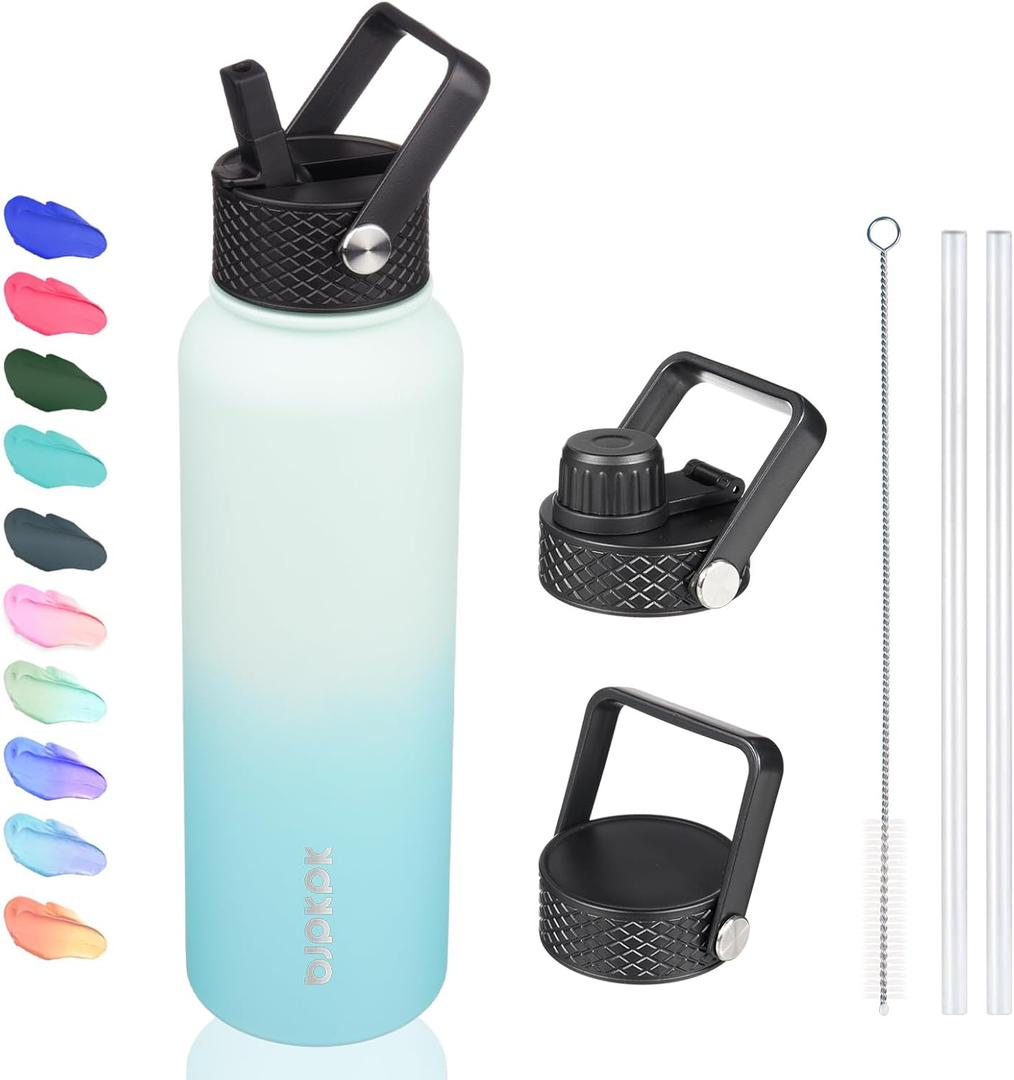 BJPKPK Insulated Water Bottles with Straw Lid, 40oz Stainless Steel Water Bottles with 3 Lids, BPA Free Leakproof Thermos, Tumblers, Cups for Sports, Gym- Mint