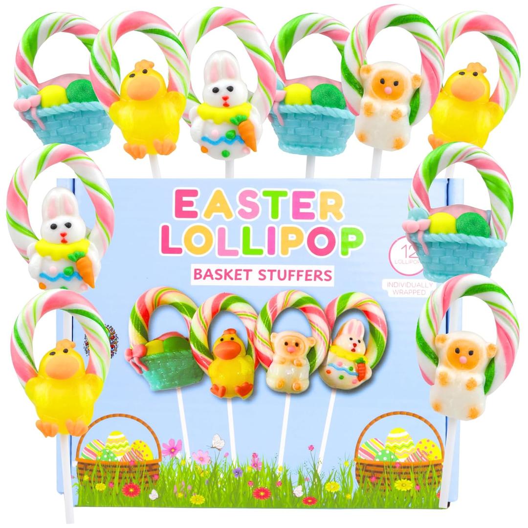 Easter Lollipops, Individually Wrapped Fruit Flavored Suckers, Gift Basket Stuffers (12 Count) (EXP 07/03/26)