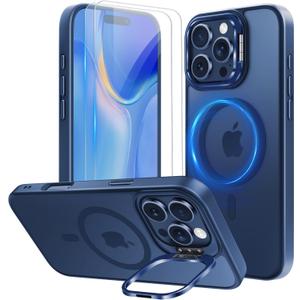 Mitywah for iPhone 16 Pro Max Case with Stand, 2X [Tempered Glass Screen Protector] Military-Grade Drop Protection N52 Magnetic Phone Case, Matte Translucent Slim Case Skin-Friendly Touch, Blue