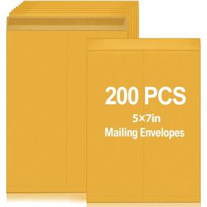 200 Pcs 5x7" Self-adhesive Mailing Envelopes Bulk, Kraft Security Catalog Envelopes with Peel and Seal Closure, 44-lb Brown Paper Mailers for Home Office, Mailing, Organizing, Storage