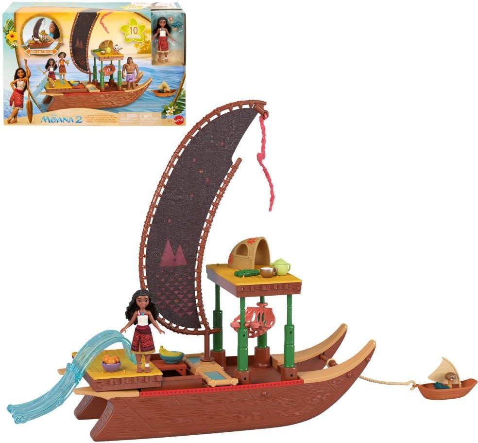 Mattel Disney Moana 2 Toy Playset with Floating Adventure Canoe, Small Doll, 1 Character Friend, 6 Play Areas & 10 Accessories