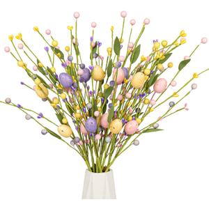 Yawwind 12 PCs Easter Table Flowers17 Inches Eggs Flowers Easter Floral Stems with Colorful Eggs Berry for Home Vase Spring Indoors Decor