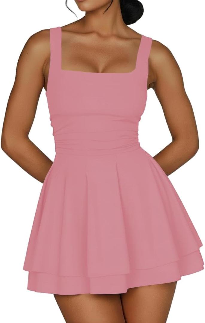 Women's Square Neck Ruffle Hem Mini Dress Ruched Waist Corset Short Party Dresses (Pink), XXL