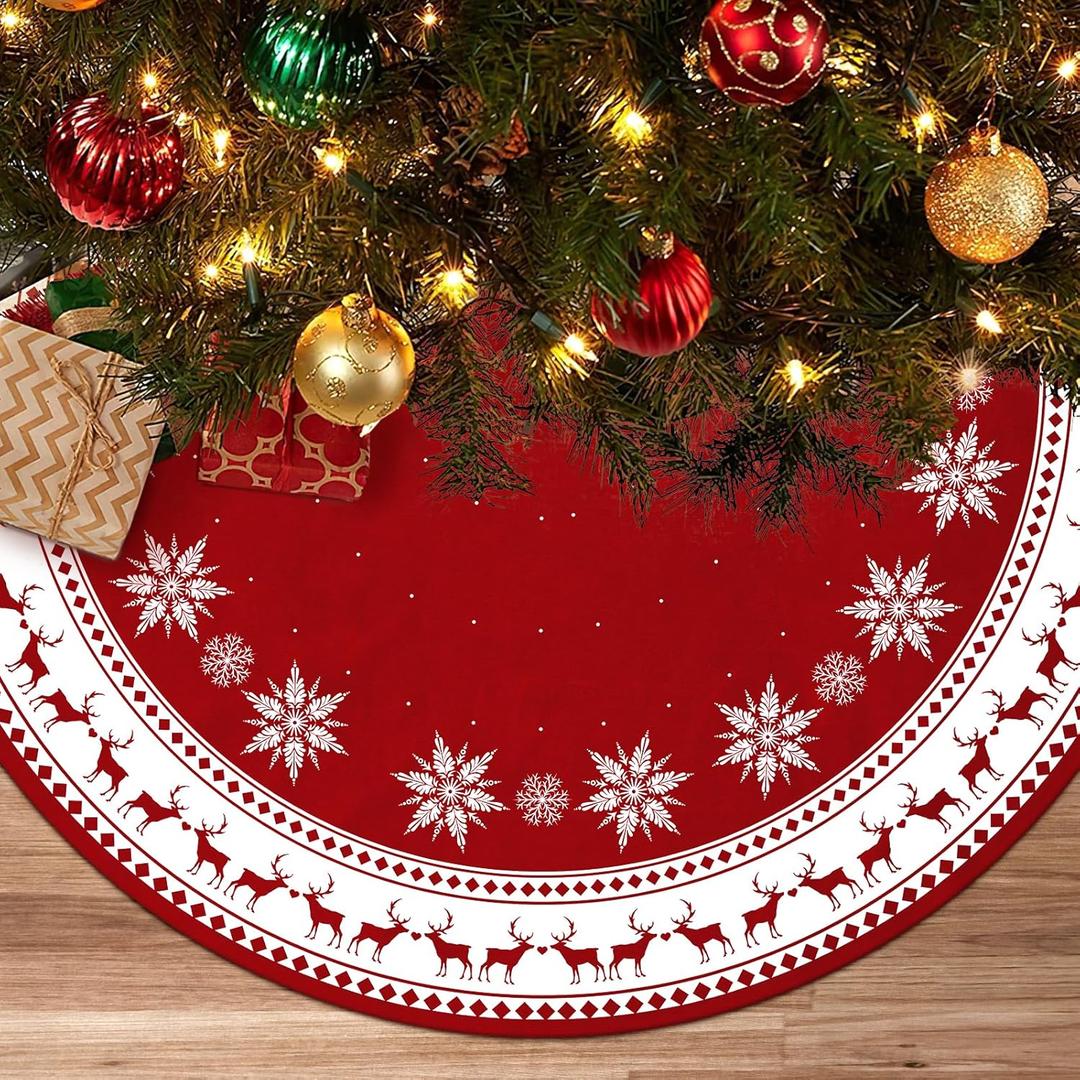Christmas Tree Skirt 48 Inch Snowflake Reindeer Tree Skirt Rustic Red Xmas Tree Mat for Merry Christmas Party Christmas Tree Decoration Indoor Outdoor