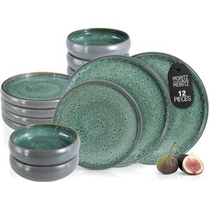 Solid 12-Piece Stoneware Dinnerware Set for 4 | Plate and Bowls Set with 4 Dinner Plates, Small Dessert Plates & Soup Bowls  Kitchen Dish Sets, Microwave & Dishwasher Safe, Green