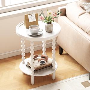 Round Side Table with Storage Shelf, 2 Tier Accent End Table with Spindle Legs, Modern Nightstand Beside Table for Living Room, Bedroom, Office, White