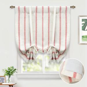 DriftAway Farmhouse Double Layer Linen Blackout Tie Up Curtains Thermal Insulated Vertical Striped Fully Lined Balloon Roman Shade Bathroom Window Adjustable Rod Pocket 25 Inch by 47 Inch Red
