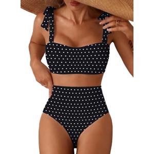 Herseas Women's Tie Shoulder Bikini Sets 2 Piece Striped Swimsuits High Waisted Bathing Suits (Black) Medium
