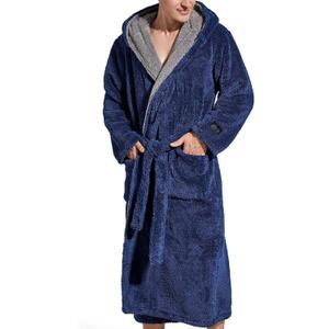SlumberMee Mens Fleece Plush Robe with Hood Ultra Soft Fluffy Full Length Long with Pockets Luxurious House Coat (Shu Velveteen - Navy Blue) XL