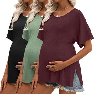 Riyiper 3 Pack Women's Maternity Tunic Shirts Cotton Summer Pregnancy Clothes Loose Oversized Split Side Blouse Tops(Light Green, Wine Red, Black,S)