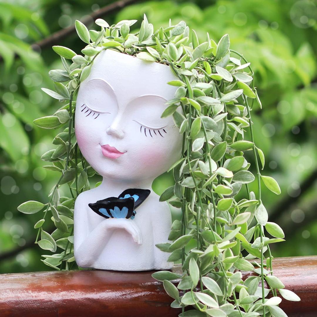 Face Planter/Flower Pot for Indoor Outdoor Plants Resin Succulent Planter with Drainage Hole Cute Lady Face Plant Pots (01white)