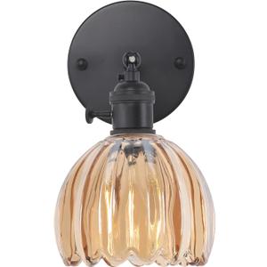 Vintage Wall Sconce with Amber Tulip Glass Lampshade 180 Degree Adjustable Black Sconce Hradwired Modern Wall Lighting Fixture with Switch for Bedside Bedroom Doorway (Hardwired (1 pack), Tulip Amber-Black Base)