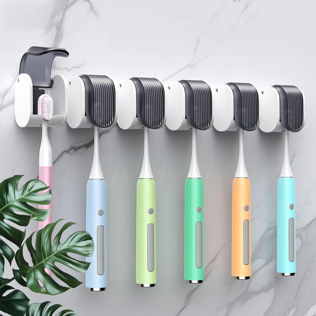6 Pcs Toothbrush Holders Wall Mounted, Single Slot Design, Shower Self Adhesive Wall Mounted Toothbrush Holder with Cover, Waterproof and Dustproof, Suitable for Bathroom, Family, Travel (Grey)
