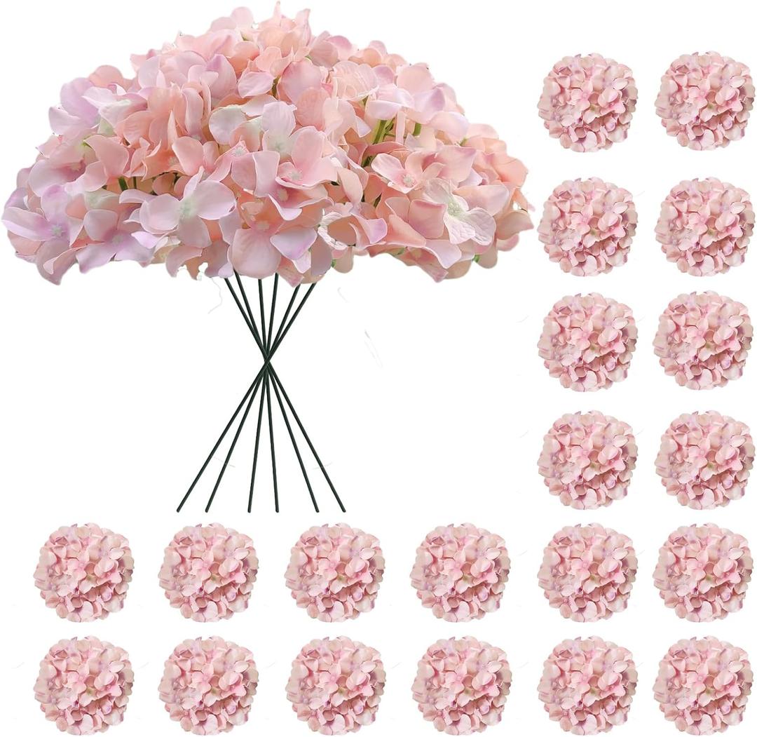 20 Pcs Pink Hydrangea Artificial Flowers Bulk, Faux Hydrangea Flowers Heads, Artificial Fake Silk Hydrangea Flowers with Stems, Pink Flowers Artificial for Decoration Wedding Dcor
