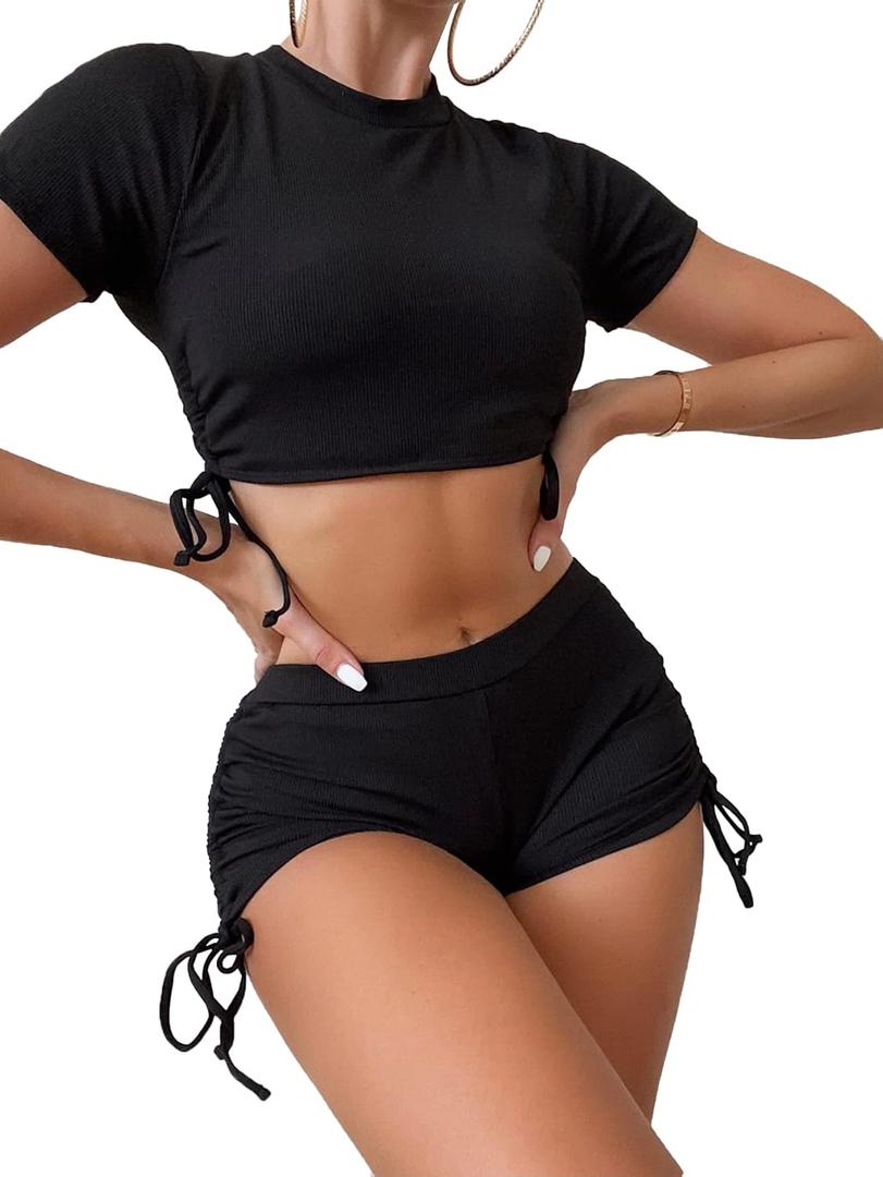 Women's High Waist Bikini Sets Two Piece Swimsuit Sports Style Bathing Suit Crop Top and Boy Shorts Full Coverage (Medium, Black)