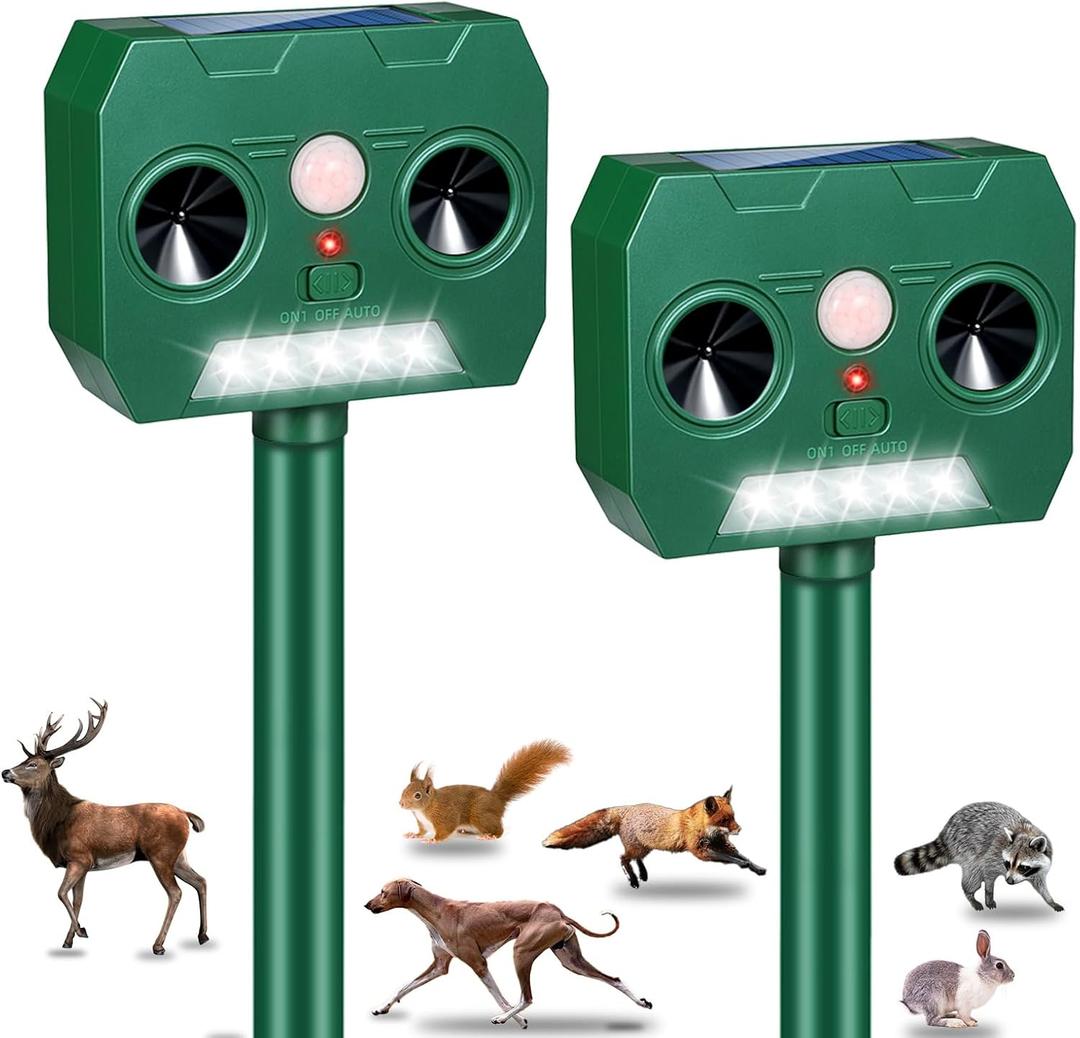 2Pack Deer Cat Squirrel Rabbit Repellent Outdoor Solar Ultrasonic Animal Repeller Waterproof Dog Deterrent with Flash Light Motion Sensor to Keep Skunk Coyote Raccoon Rodent Possum Out of Garden