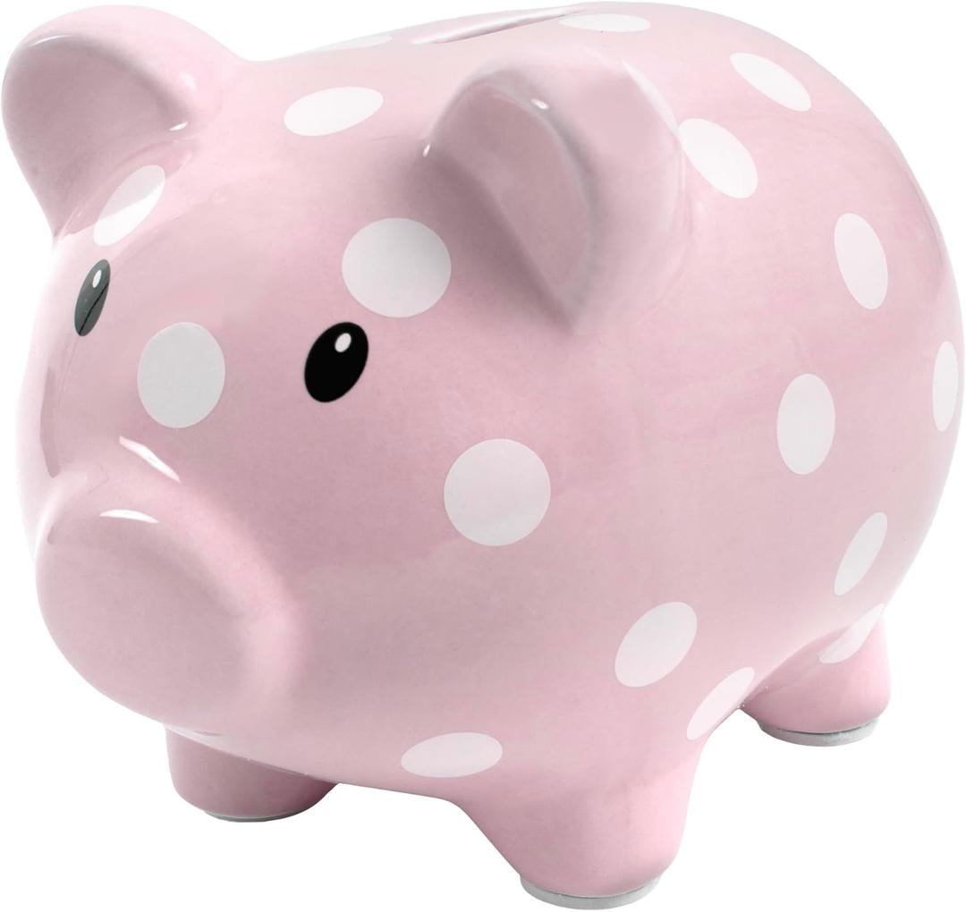 Baby Essentials Large Ceramic Piggy Bank for Boys and Girls, Kids Money and Coin Bank, Perfect Baby Nursery Dcor, Gift and Newborn Keepsake (Pink & White Polka Dot)