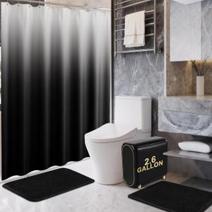 Bathroom Sets with Shower Curtain and Rugs, 2.6 Gallon Slim Trash Can with Wheels, Black Bathroom Set with Trash Can for Home Decor