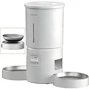 Automatic Cat Feeder for 2 Cats,6 Meals/Day,12 Portions/Meal,Dual Power Double Bowls,Dry Pet Food Autofeeder,10S Voice Record,Flexible Programmable Schedule Timer(White,Stainless Dual Bowls)
