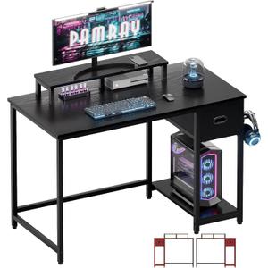 Pamray 39 Inch Computer Desk with Monitor Stand Small Home Office Desks with Non-Woven Storage Drawer for Bedroom Study Table Writing and Work Desk Black