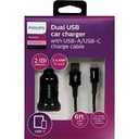 Philips Dual USB car charger with USB-A/USB-C charger cable 2.4 AMP/12 watt 6ft.