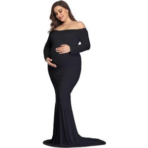 Mommy Jennie Long Sleeve Maternity Dress for Photoshoot Stretchy Pregnancy Fitted Gowns for Baby Shower (Large, Black)