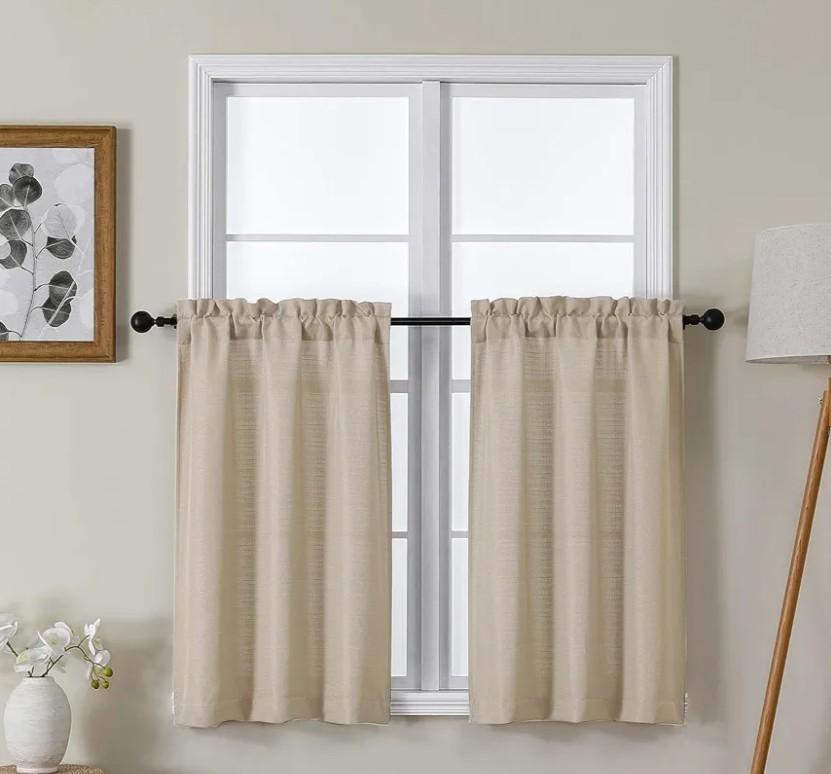 Lecloud Bessie Kitchen Curtains 36 Inch Length 2 Pcs, Faux Linen Slub Textured Light-Filtering Short Curtains for Small Windows,Small Curtain for Bathroom Basement, Each 30 W x 36 L, Linen Color