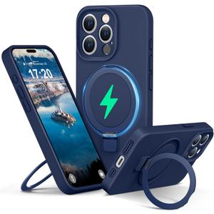 Liquid Silicone Case for iPhone 15 pro max with Magnetic Ring Stand, Upgraded Camera Lens Protection, Mil-Grade Drop Shockproof, Anti-Scratch Microfiber Lining Silicone Case (Blue)