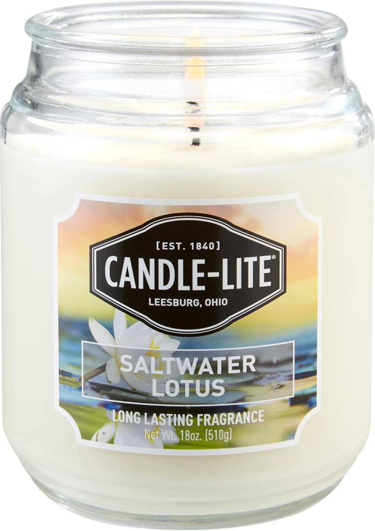 Candle-lite Scented Candles, Saltwater Lotus Fragrance, One 18 oz. Single-Wick Aromatherapy Candle with 110 Hours of Burn Time, White Color