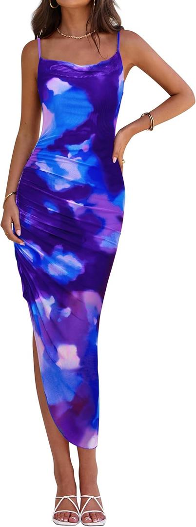 PRETTYGARDEN Women 2025 Summer Mesh Dress Spaghetti Strap Cowl Neck Print Ruched Bodycon Dresses Asymmetrical Long Dress (Blue)