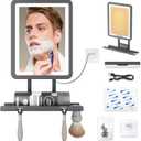 Lighted Anti-Fog Shower Mirror for Shaving - 3 Color Modes Dimming Fogless with Light, 360Rotation, Rechargeable Shower Mirror with Storage Tray & Razor Holders & Shaving Brush Holders (Grey)