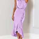 KIRUNDO Women 2025 Summer Fall Satin Mock Neck Wedding Guest Party Cocktail Midi Dress Sleeveless Wrap Ruffle Formal Dresses (Purple, S)