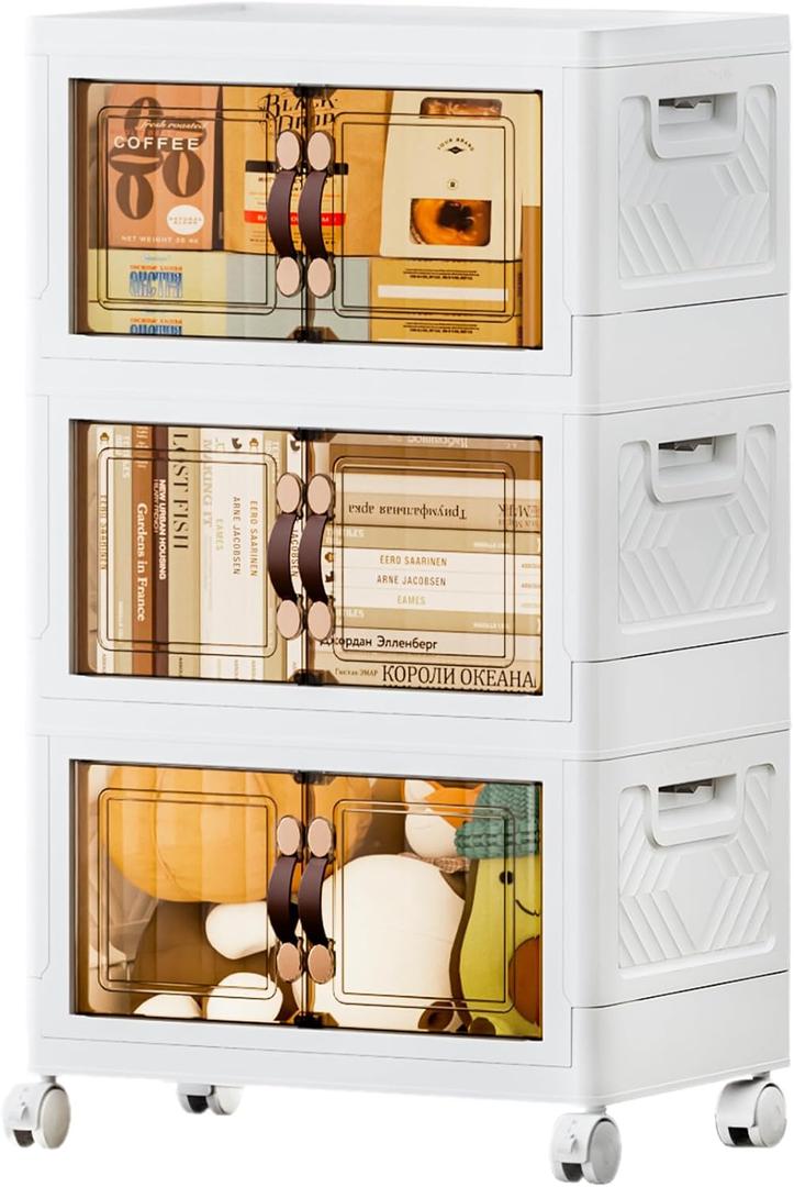 JEKO&JEKO 107Qt Stackable Storage Bins with Lids and Wheels, Foldable Collapsible Plastic Drawer Boxes for Clothes, Home, White, 3 Pack