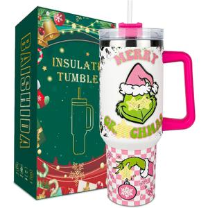 40 oz Tumbler with Handle and Straw, Stainless Steel Tumbler with Lid Straw, Car Mug Sports Travel Christmas Gift 40oz Grinchi Insulated Tumblers (Christmas 17)